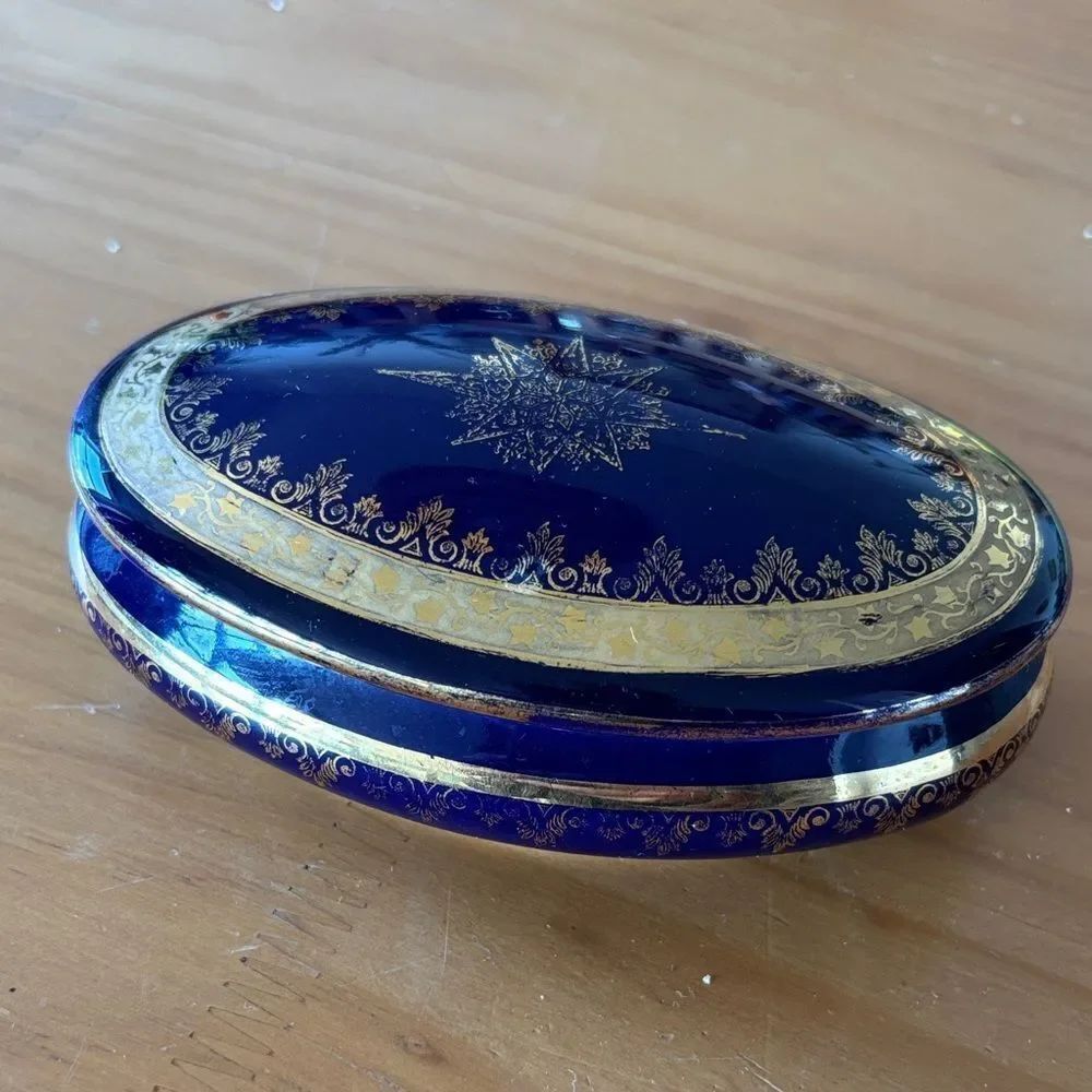 Limoges Porcelain Deep Blue and Gold Oval Trinket Box With Lid